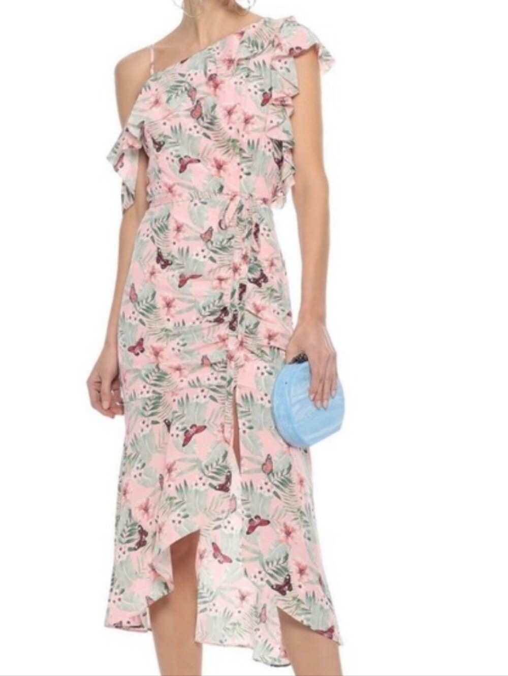 Joie 100% silk Blush muted  Pink Floral  Buterfly Ruffle Dress Size 8